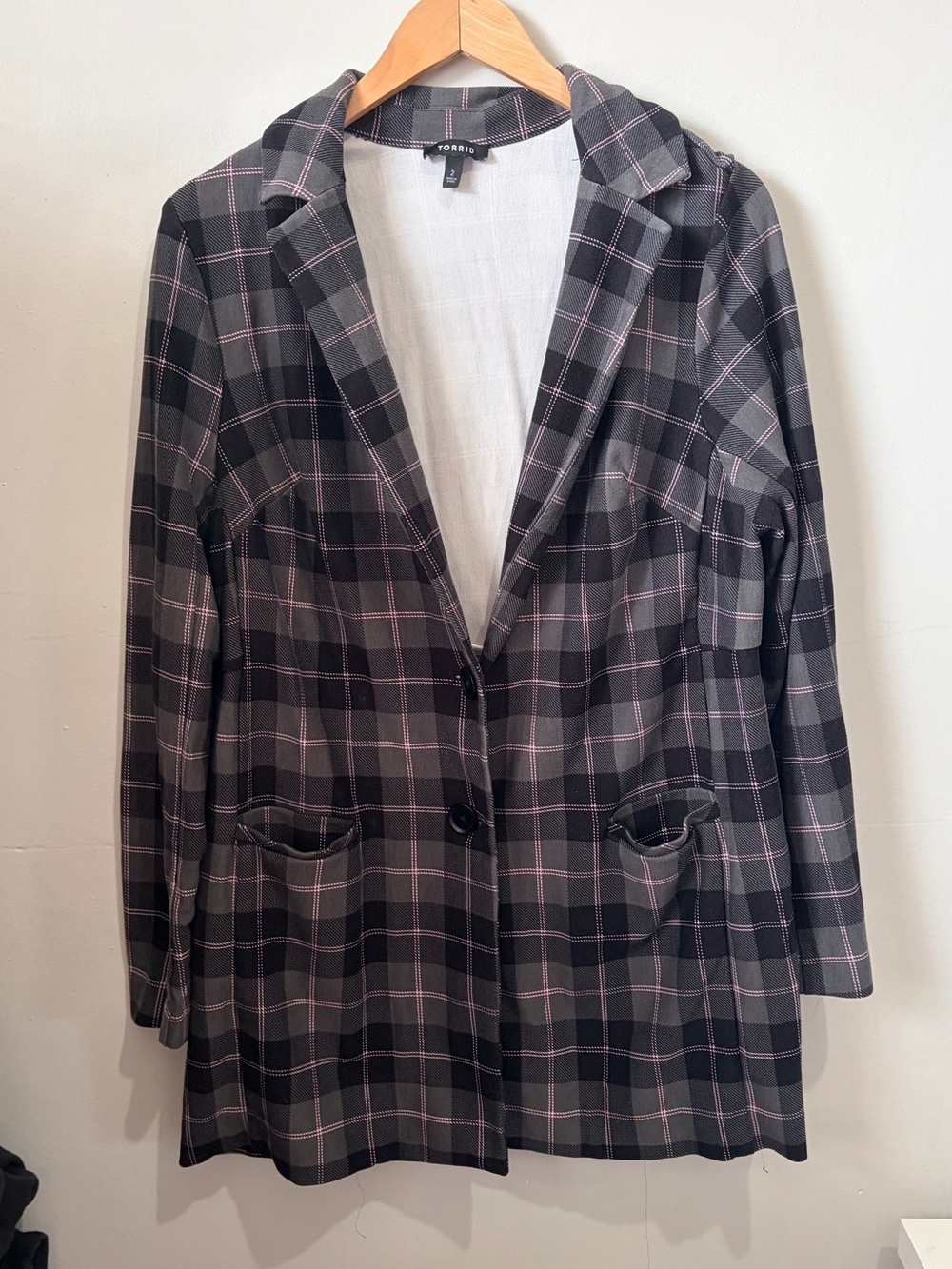 Torrid Size 2 Longline Plaid Blazer Grey Pink Windowpane Stretch Workwear